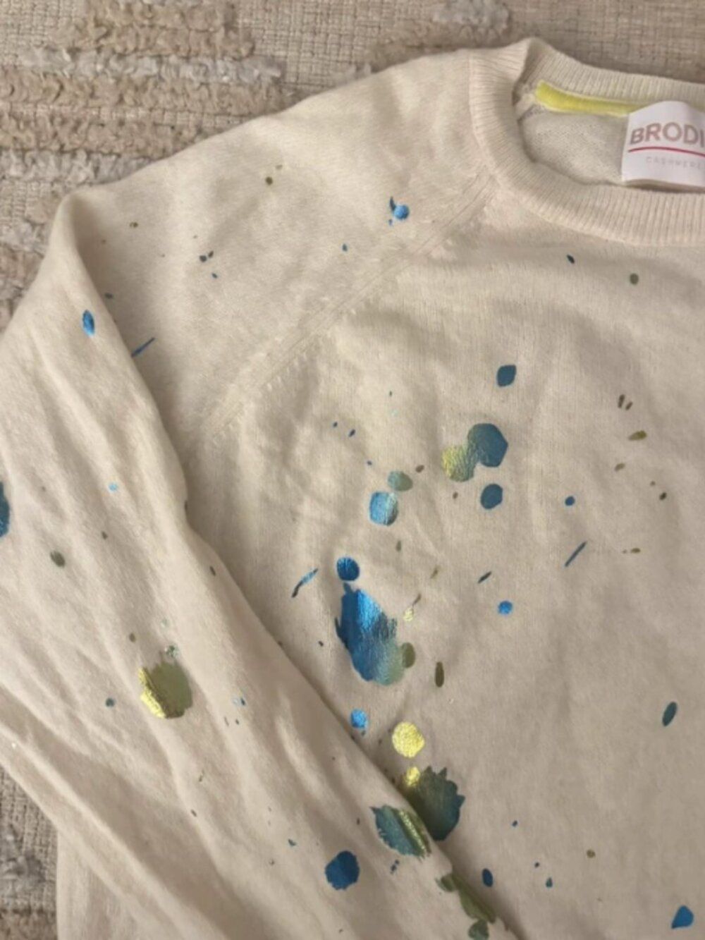 Brodie 100% Cashmere Sweater Cream Paint Splatter Metallic Blue Green L - Picture 4 of 7